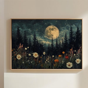 Moonlit Forest Wildflower Canvas Wall Art - Enchanting Night Sky and Floral Landscape for Nature-Inspired Home Decor