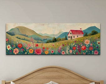 Whimsical Folk Art Painting Countryside Cottage Colorful Flower Field Canvas Print, Rustic Storybook Wall Art Nursery Room Decor, Panoramic