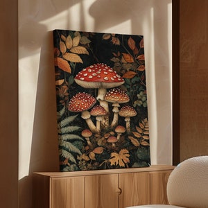 Zauberhafter Roter Fliegenpilz Leinwand - Rustikale Cottagecore Wand Kunst, Waldpilz Dekor für Wald und Märchen Themen