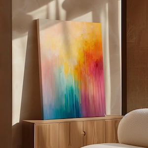 Bunte abstrakte Malerei - lebendige Farbverlaufsleinwand Kunst mit rosa, gelben und blaugrünen Strichen für ein modernes Wohndekor