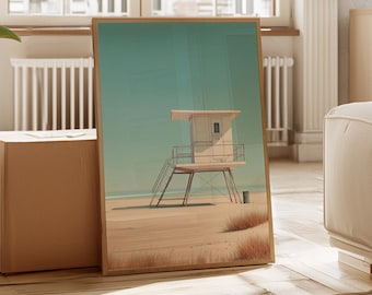 Minimalist Lifeguard Tower Wall Art | Modern Coastal Beach Canvas | Ocean Lifeguard Station Print | Summer Seaside Minimalist Décor
