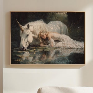 Mystical Unicorn and Maiden Canvas Art - Enchanted Forest Scene with Dreamy Details, Perfect for Fairytale Wall Decor