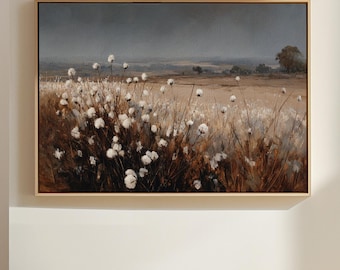 Cotton Field Canvas Wall Art, Rustic Farmhouse Landscape Painting, Country Cotton Flowers Print, Neutral Wall Decor for Living Room or Entry