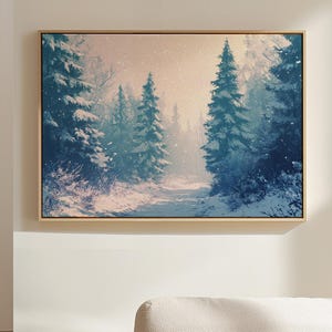 Snowy Forest Canvas Art, Winter Landscape Painting, Frosty Pine Trees Wall Decor, Cozy Cabin Christmas Print, Rustic Nature Artwork