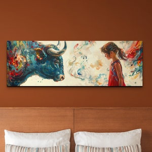 Abstract Girl Vs Bull Colorful Panoramic Ready To Hang Canvas Wall Art, Colorful Canvas Art, Wall Art, Canvas Art, Unique Art, Bull Art