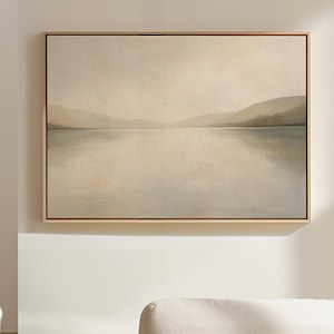 Minimalist Lake Landscape Canvas | Soft Neutral Tones with Calm Water and Hills | Serene Modern Nature Wall Art for Peaceful Decor