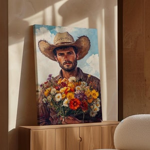 Rustic Cowboy Holding Wildflowers Canvas Art – Western Wall Decor – Vibrant Country Style Painting for Home or Office