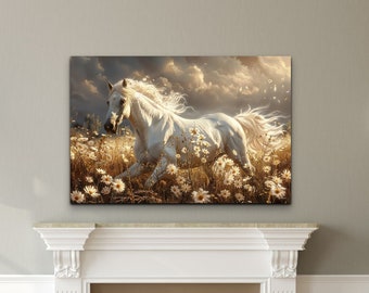 White Horse & Wild Flowers Canvas Wall Art Print, Artwork Gallery Wrap Stretched on Canvas Ready To Hang! Landscape Horse Galloping