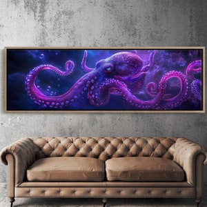 Lienzo con pulpo vibrante: escena submarina con tentáculos morados y azules. Decoración de pared de aguas profundas para amantes del mar.