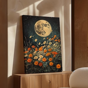 Moonlit Wildflower Meadow Canvas Art - Daisies and Orange Blooms Under Full Moon, Nighttime Floral Nature Wall Decor
