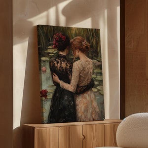 Romantic Friendship Canvas Art - Elegant Women by Lily Pond, Vintage Oil Painting Style, Whimsical Wall Decor for Home