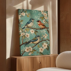 Songbirds on Cherry Blossom Branch Canvas Art – Vibrant Blue and Red Birds in Nature, Floral Spring Decor for Home Wall