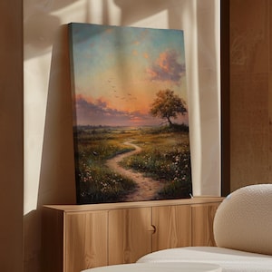 Golden Sunset Pathway with Vibrant Wildflowers and Serene Horizon - Landscape Canvas Art for Home and Office Wall Decor