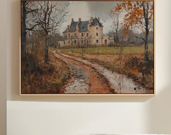 Pode incluir: Uma pintura emoldurada que retrata uma casa de pedra com um caminho de terra que leva até ela. A casa é cercada por árvores e o caminho está enlameado. A pintura é de estilo rústico e tem uma atmosfera quente e acolhedora.