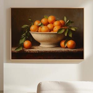 Vintage Orange Still Life, Rustic Kitchen Wall Art, Citrus Fruit Bowl Painting, Farmhouse Decor, Old World Oil Canvas Print