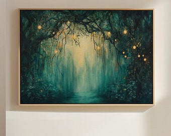 Magical Forest Glow Canvas Art - Enchanted Woodland Path with Lights - Mystical Wall Decor for Home and Office