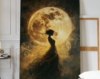 Golden Moonlight Silhouette Woman Canvas, Celestial Night Wall Art, Ethereal Moon Goddess Poster, Spiritual Boho Lunar Decor Print