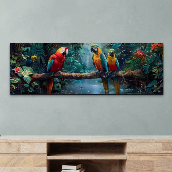 Parrots In The Rainforest Canvas Art Print, Bird Canvas Art, Colorful Wall Decor, Home Decor, Livingroom Art, Panoramic Ready To Hang