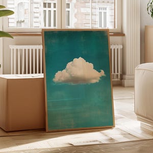 Lienzo de nube individual: nube blanca minimalista sobre fondo de cielo verde azulado texturizado para una decoración moderna, serena y de ensueño.