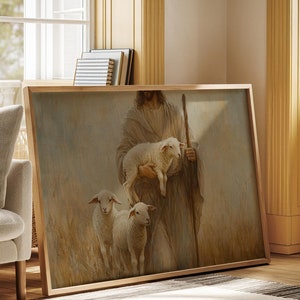 Jesus Carrying a Lamb Canvas Art - Good Shepherd Christian Wall Decor - Spiritual and Inspirational Religious Artwork