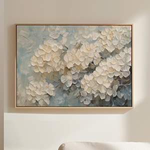 Elegant White Hydrangeas Canvas Wall Art - Textured Floral Painting in Soft Blue Tones, Perfect for Modern or Rustic Decor