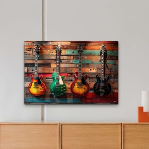 Colorful Guitars Photo Art on Canvas, Guitars Design Decor for Room, Musical Instruments Modern Artwork for Music Studio, Classical Guitars