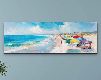 Panoramic Beach Umbrellas by the Sea Landscape Ready To Hang Canvas Wall Art, Large Wall Art, Panoramic Art, Home Decor, Large Art Prints