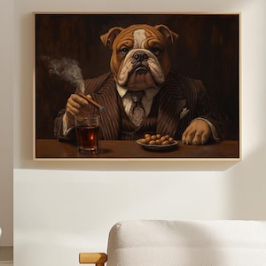 Bulldog Boss Canvas - Vintage Dog Art - Whiskey Cigar Lounge Decor - Funny Mafia Animal Print - Classy Gentleman Bulldog Painting