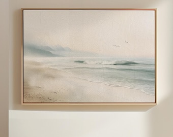 Minimalist Coastal Canvas, Tranquil Ocean Waves Print, Misty Beach Wall Art, Serene Seascape Painting, Soft Neutral Coastal Decor