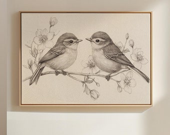 Charming Bird Sketch Art - Romantic Pair of Birds with Flowers, Nature-Inspired Minimalist Line Drawing Wall Decor