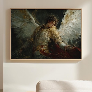 Archangel Warrior Canvas, Angelic Guardian Wall Art, Divine Protector Painting, Christian Fantasy Decor