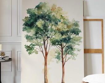 Par de árvores altas, arte em aquarela, ilustração de árvore da floresta verde, decoração de parede da natureza, arte de paisagem botânica, pintura de árvore da floresta