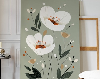 Minimalistische weiße Blumenleinwand - Moderne botanische Wandkunst mit neutralen Blumen und grünem Hintergrund für Schlafzimmer, Badezimmer oder Eingangsbereich