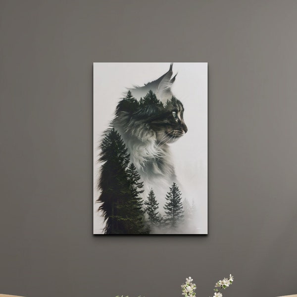 Double Exposure Cat Canvas Wall Art, Cat And Forest Trees Wall Decor Canvas Wall Art, Print Extra large Wall Art, Ready To Hang