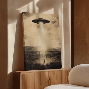 Vintage UFO Abduction Canvas Art - Retro Sepia Alien Encounter Poster - Sci-Fi Wall Decor for Enthusiasts of Extraterrestrial Mysteries