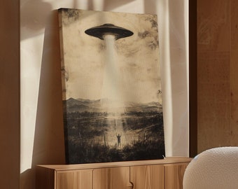 Vintage UFO Abduction Canvas Art - Retro Sepia Alien Encounter Poster - Sci-Fi Wall Decor for Enthusiasts of Extraterrestrial Mysteries