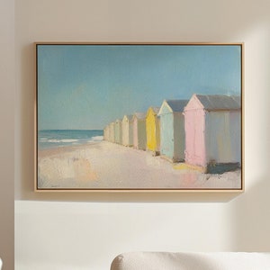 Coastal Beach Huts Canvas Wall Art - Pastel Summer Seaside Scene for Coastal Home Decor - Vibrant Ocean-Inspired Artwork