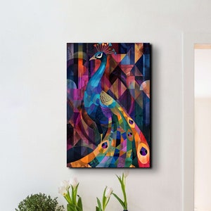 Colorful Geometric Shapes Peacock Canvas Wall Art Print, Nature Wall Decor, Ready To Hang, Portrait Canvas, Colorful Decor, Animal Decor