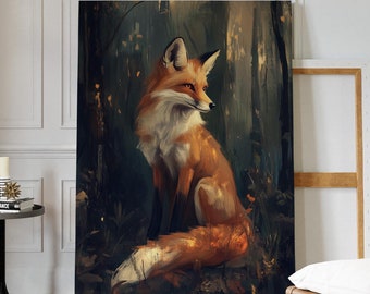 Elegante lienzo de zorro para pared: escena de bosque místico, vibrante obra de arte de vida salvaje para una decoración rústica y con temática natural