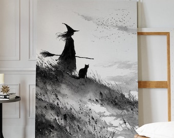 Witch And Black Cat Watercolor Canvas Wall Art, Gothic Witch Artwork, Halloween Witch Décor, Dark Mystical Witch Illustration Print