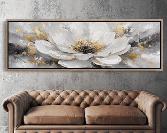 Modern White Flower Canvas Wall Art - Gold and Gray Textured Abstract Painting - Elegant Floral Artwork for Contemporary Home Decor
