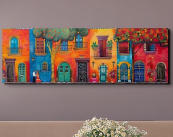 Panoramic Mexican Villas Abstract Art Style, Ready To Hang Canvas Wall Art, Southwestern City Canvas Wall Art, Mexican Artwork