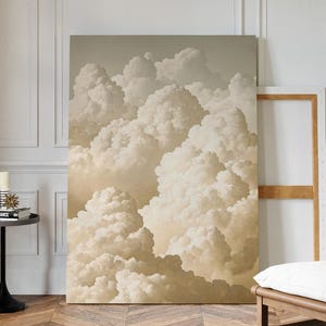 Quadro da parete con nuvole dorate / Stampa su tela con cumuli color crema / Estetica del cielo neutro per camera da letto, cameretta dei bambini o spazio abitativo sereno