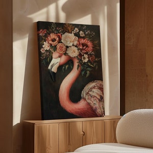 Flamingo Canvas Wall Art - Elegant Floral Crown Vintage Style, Pink Bird Artwork for Chic Home Decor, Unique Tropical Aesthetic Print