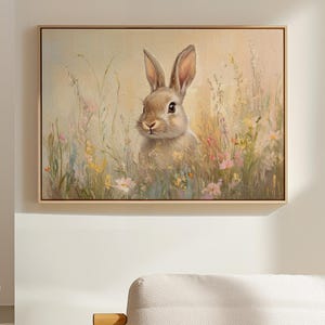 Spring Bunny Canvas Art, Cottagecore Rabbit Wall Decor, Floral Woodland Animal Print, Vintage Pastel Nursery Painting
