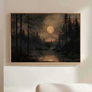 Golden Full Moon Over Dark Forest River Canvas – Moody Woodland Landscape Painting with Moonlight Reflection, Mystical Nature Wall Art