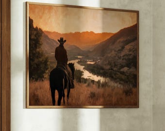 Cowboy zu Pferd Sonnenuntergang über dem Flusstal