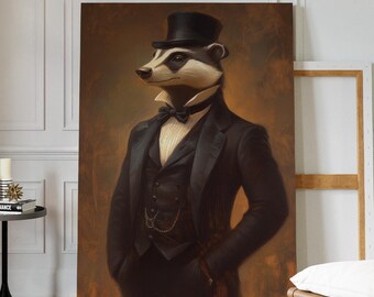 ビクトリア朝のアナグマの肖像画キャンバス – 黒のタキシードとシルクハットを身に着けた、ヴィンテージの装飾のための気まぐれな擬人化された動物の壁アート