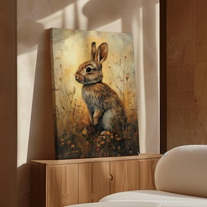 Rustic Charm – Rabbit in a Golden Meadow with Wildflowers and Warm Rustic Tones, Perfect for Nature-Inspired Wall Art