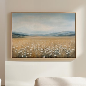Peaceful Wildflower Meadow Landscape – Neutral Beige and Blue Countryside Oil Painting for Rustic Farmhouse or Minimalist Wall Décor